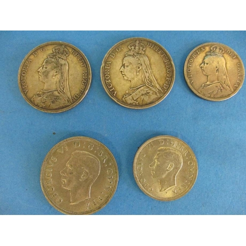 137 - A quantity of pre-decimal coins, to include 2, 1889 crowns and a near B.U. 1937 crown and half crown... 