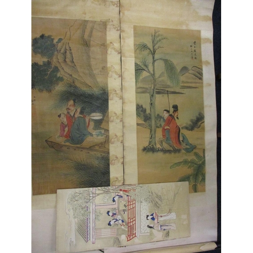 374 - 2 Oriental scroll pictures and a hand painted picture on silk,