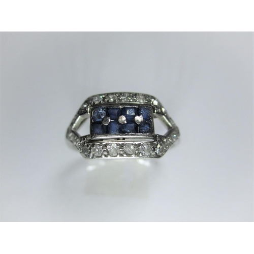 4 - An art deco platinum diamond and sapphire ring, approx ring size O