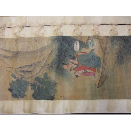 374 - 2 Oriental scroll pictures and a hand painted picture on silk,