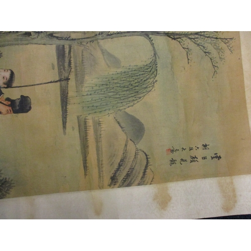 374 - 2 Oriental scroll pictures and a hand painted picture on silk,