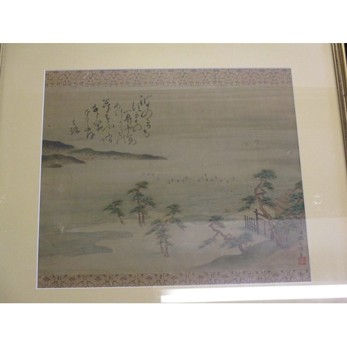 353 - An antique Japanese painting on silk depicting islands with birds in flight with boats in the backgr... 