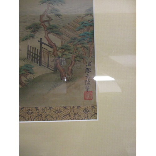 353 - An antique Japanese painting on silk depicting islands with birds in flight with boats in the backgr... 