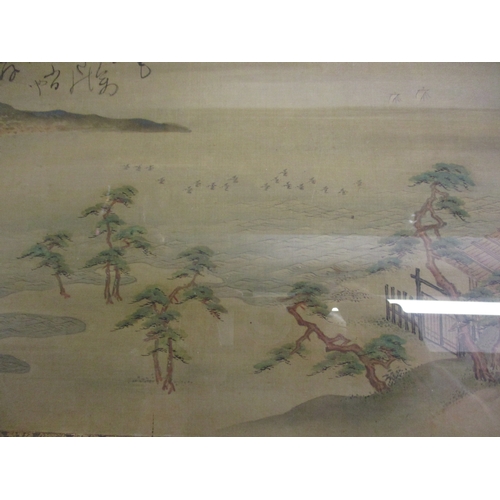 353 - An antique Japanese painting on silk depicting islands with birds in flight with boats in the backgr... 