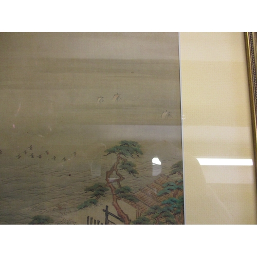 353 - An antique Japanese painting on silk depicting islands with birds in flight with boats in the backgr... 