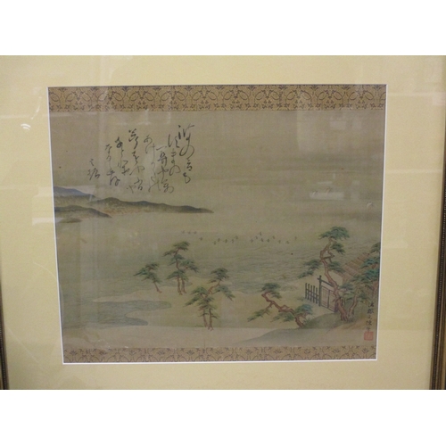 353 - An antique Japanese painting on silk depicting islands with birds in flight with boats in the backgr... 