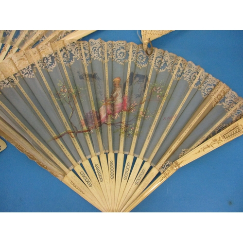 259 - 5 Antique oriental fans, 3 with hand painted silk