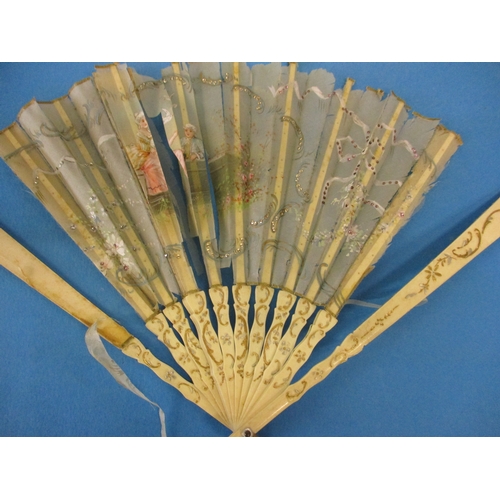 259 - 5 Antique oriental fans, 3 with hand painted silk