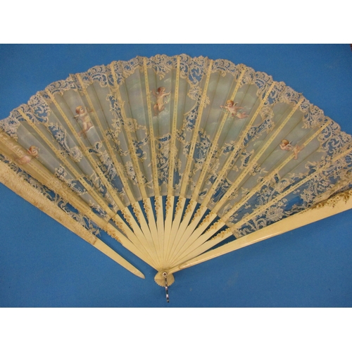 259 - 5 Antique oriental fans, 3 with hand painted silk