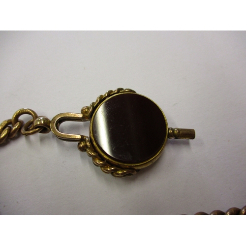 102 - A 9ct gold albert chain with a 9ct gold and bloodstone fob watch key. Approximate weight 42.5g.