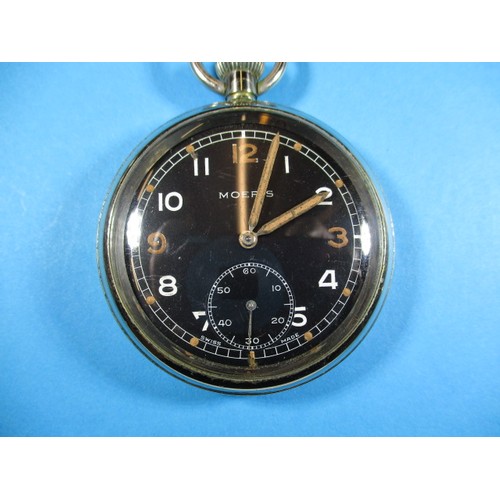 97 - A Morris WWII military pocket watch with black dial and case marked G.S.T.P M23566