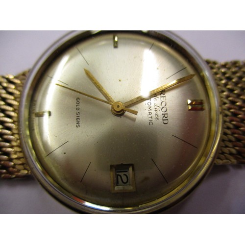 91 - A gold cased Record Automatic wristwatch, having a 9ct gold mesh strap and date dial. Dial diameter ... 