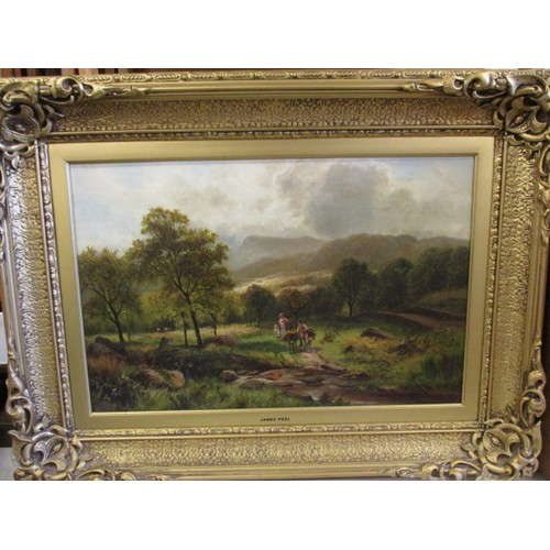 330 - A late 19th early 20th century landscape scene oil painting on canvas, marked James Peel, in later g... 