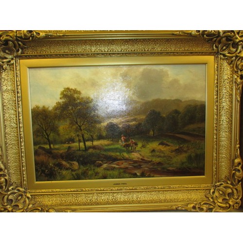 330 - A late 19th early 20th century landscape scene oil painting on canvas, marked James Peel, in later g... 