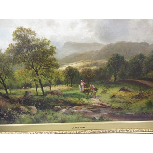 330 - A late 19th early 20th century landscape scene oil painting on canvas, marked James Peel, in later g... 