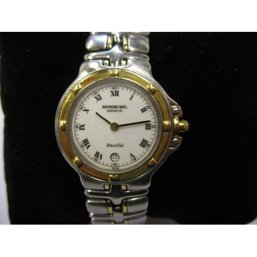 88 - A ladies Raymond Weil watch with yellow metal bezel and date window, in pre-owned condition and curr... 