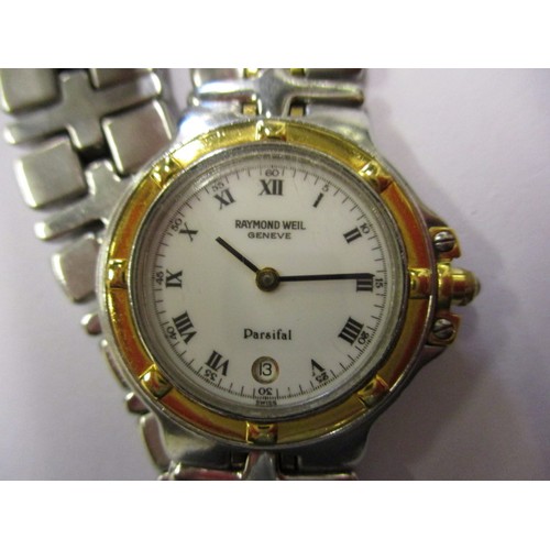 88 - A ladies Raymond Weil watch with yellow metal bezel and date window, in pre-owned condition and curr... 