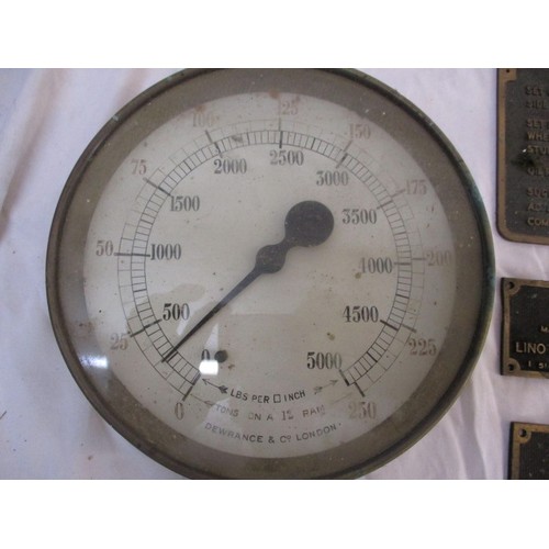 332 - 2 Brass pressure dials and a quantity of brass machine plaques, The large dial measures approx  18cm... 