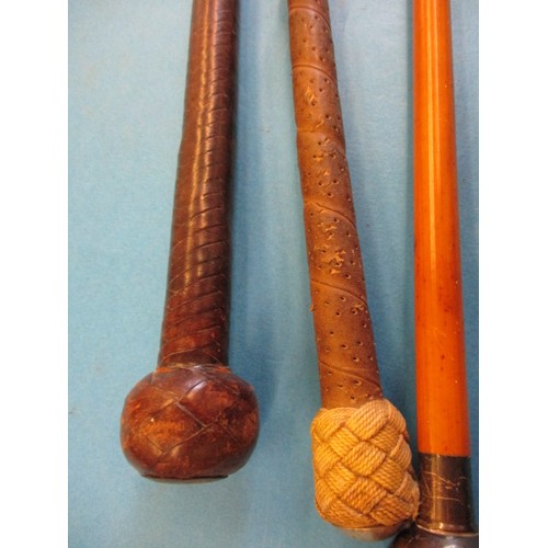 227 - A vintage silver mounted military swagger stick and 2 riding crops, all in used condition with gener... 