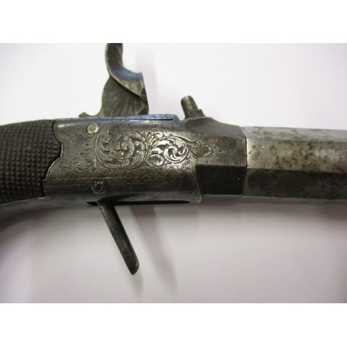 211 - A 19th century percussion pistol with hexagonal screw off barrel and drop down trigger, no markings ... 