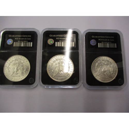 106 - Three genuine uncirculated 90% Silver American Morgan Dollar coins, each in a plastic capsule, dates... 