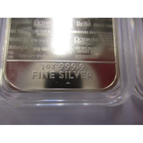 121 - 3 Royal Mint 1oz 999.9 fine silver ingots for James Bond 007 No Time To Die, each in a plastic capsu... 