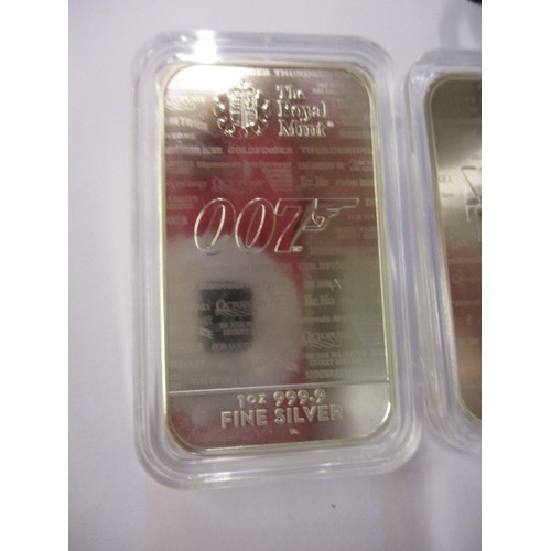 121 - 3 Royal Mint 1oz 999.9 fine silver ingots for James Bond 007 No Time To Die, each in a plastic capsu... 