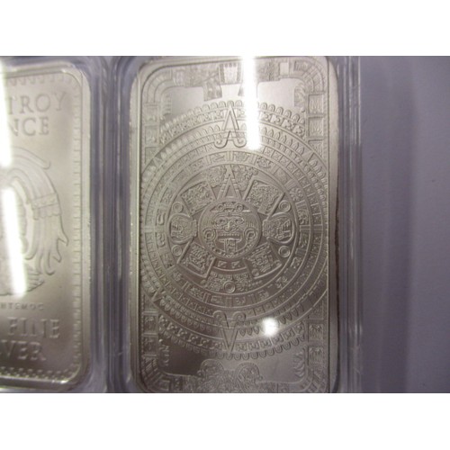 125 - 3 one troy ounce .999 fine silver ingots, depiction Cuauhtemoc the Aztec ruler, each in a plastic ca... 