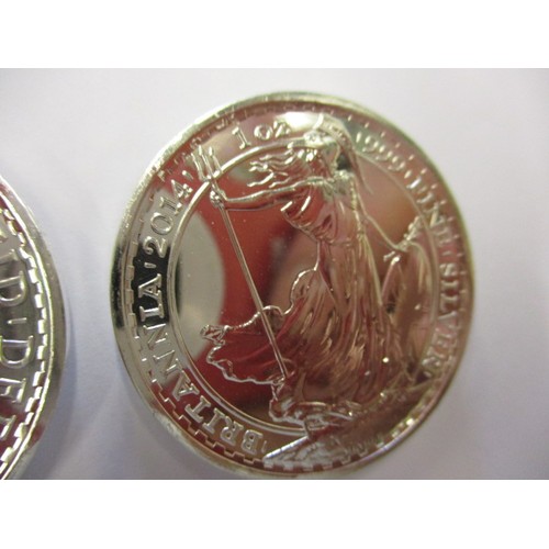 110 - Two 2014 Britannia £2 1oz .999 fine silver coins with horse edges, each in a plastic capsule and min... 