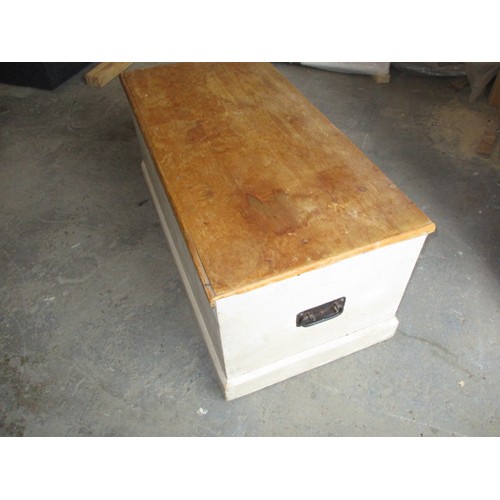 301 - A vintage waxed and painted pine blanket box, having age-related marks and knocks, approx. size W94c... 