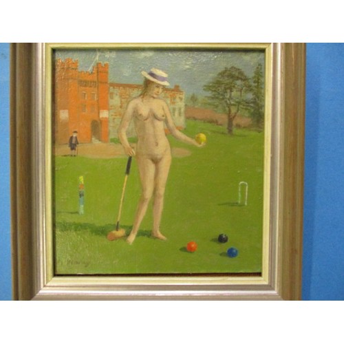 Sir John Verney (British 1913-1993), author, illustrator, painter. Oil on board, of a naked woman playing croquet, signed lower left and dated verso. approx. size 15x16cm