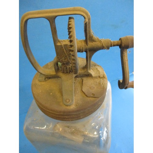 248 - A vintage ‘Blow’ butter churn with wood paddles and glass base jar, having age-related marks and rep... 