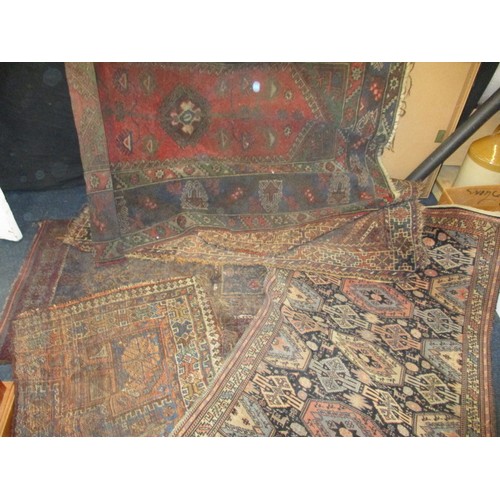 363 - 4 vintage Persian hand woven wool rugs, all in well used condition with some fraying and stains, and... 