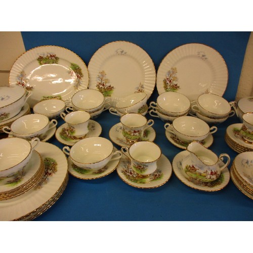 249 - A large vintage table service, all decorated with a hunting scene, to include 6 of most pieces and c... 