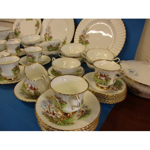 249 - A large vintage table service, all decorated with a hunting scene, to include 6 of most pieces and c... 