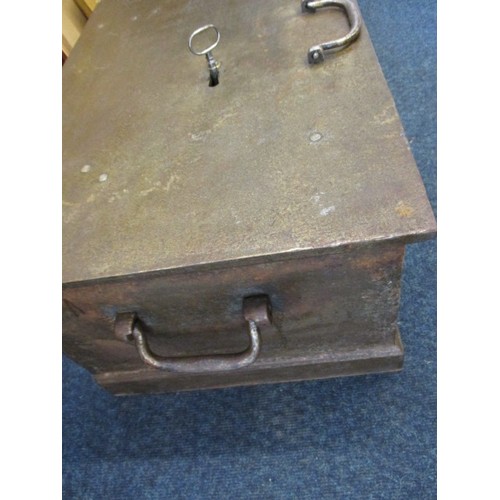 256 - A late 19th early 20th century iron strong box, with key and working lock, approx. size 63x42x31cm