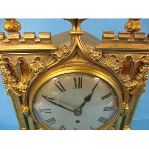 293 - A large brass cased fusee mantle time piece, approx. height 39cm, runs when wound, one side  panel l... 