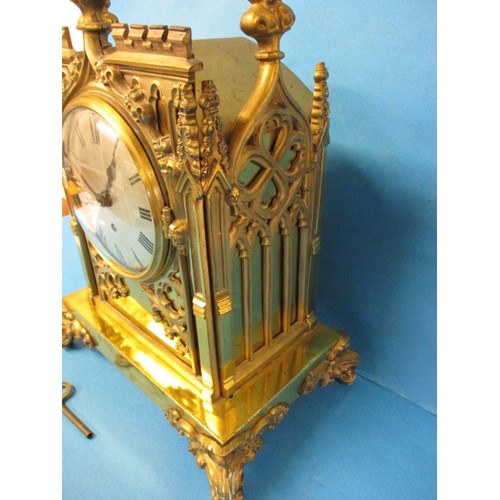 293 - A large brass cased fusee mantle time piece, approx. height 39cm, runs when wound, one side  panel l... 