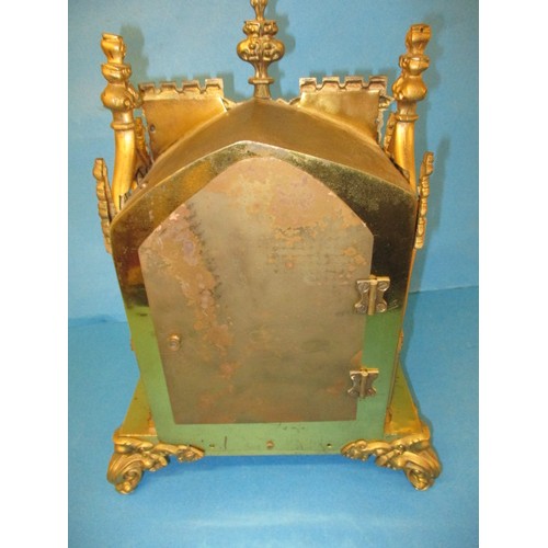 293 - A large brass cased fusee mantle time piece, approx. height 39cm, runs when wound, one side  panel l... 