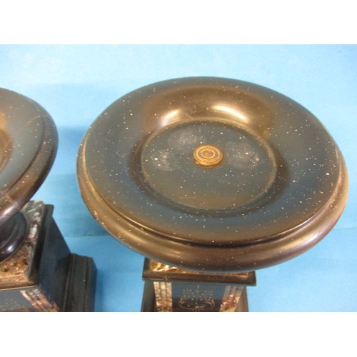 251 - A pair of 19th century slate and marble garnitures, one having a cracked and re-stuck top pan, both ... 