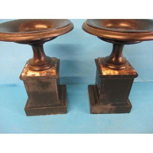 251 - A pair of 19th century slate and marble garnitures, one having a cracked and re-stuck top pan, both ... 