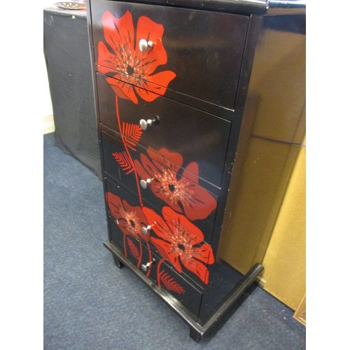 327 - A modern oriental style lacquered chest of 6 drawers with red floral decoration, approx. dimensions:... 