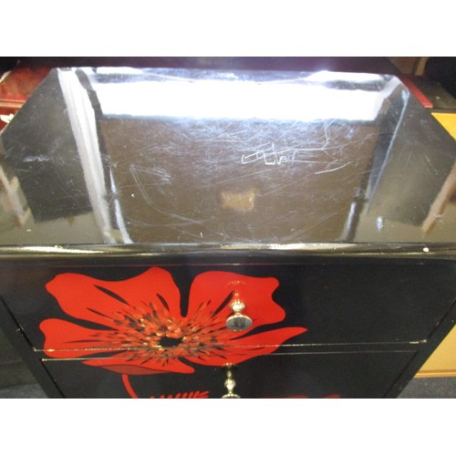 327 - A modern oriental style lacquered chest of 6 drawers with red floral decoration, approx. dimensions:... 