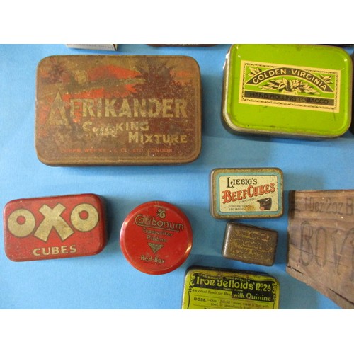 346 - A parcel of vintage tins and a Bovril wood crate, all in used condition with age-related marks