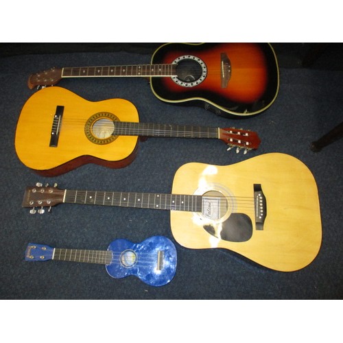 339 - 2 vintage acoustic guitars, an electric acoustic guitar and Ukulele. With age related use and wear, ... 