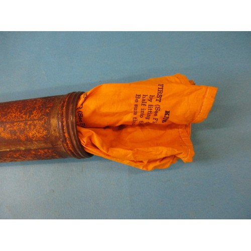 224 - A WWII British air force rescue raft Gibson Girl M357A kite radio antenna, in original storage canis... 