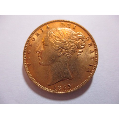 91 - An 1863 shield back sovereign, a fine grade coin, die number 3, a coin that’s been in circulation