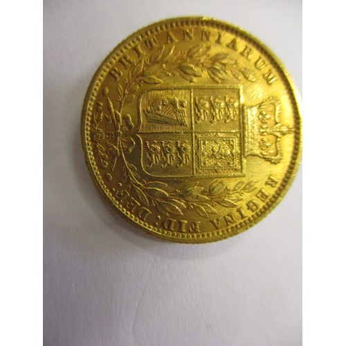 84 - An 1877 shield back sovereign, a fine grade coin with S mint mark, a coin that’s been in circulation