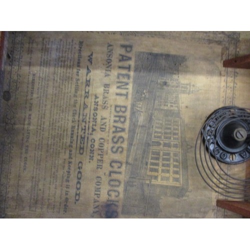 306 - A 19th century Ansonia patent brass wall clock. With pendulum, key and weights, not tested for funct... 