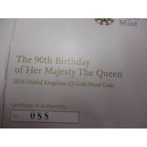 104 - A 2016 Royal Mint proof £5 coin, a limited edition for the 90th birthday of QEII in box and with pap... 